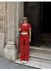 Crop pantolon biyeli takım kırmızı