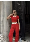 Crop pantolon biyeli takım kırmızı