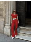 Crop pantolon biyeli takım kırmızı