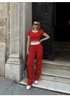Crop pantolon biyeli takım kırmızı