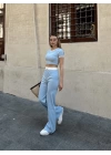 Crop pantolon biyeli takım mavi