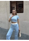 Crop pantolon biyeli takım mavi