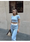 Crop pantolon biyeli takım mavi