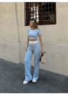 Crop pantolon biyeli takım mavi