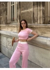 Crop pantolon biyeli takım pembe