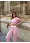 Crop pantolon biyeli takım pembe