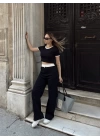 Crop pantolon biyeli takım siyah