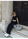 Crop pantolon biyeli takım siyah