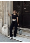 Crop pantolon biyeli takım siyah