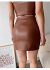 Dantelli fermuarlı deri etek kahve w24598