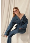 Denim Kumaş Beli Lastikli Kadın Mavi Kot Ceket
