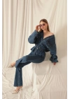 Denim Kumaş Beli Lastikli Kadın Mavi Kot Ceket