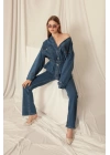 Denim Kumaş Beli Lastikli Kadın Mavi Kot Ceket