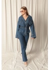 Denim Kumaş Beli Lastikli Kadın Mavi Kot Ceket