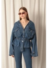 Denim Kumaş Beli Lastikli Kadın Mavi Kot Ceket