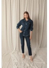 Denim Kumaş Cep Detay Püsküllü Kadın Mavi Kot Ceket