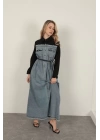 Denim Kumaş Garnili Elbise-Siyah