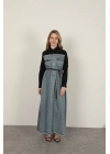 Denim Kumaş Garnili Elbise-Siyah