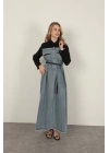 Denim Kumaş Garnili Elbise-Siyah