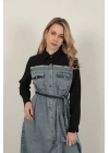 Denim Kumaş Garnili Elbise-Siyah