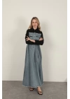 Denim Kumaş Garnili Elbise-Siyah