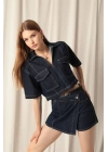 Denim Kumaş Kısa Cepli Crop Kadın Lacivert Kot Ceket