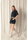 Denim Kumaş Kısa Cepli Crop Kadın Lacivert Kot Ceket