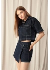 Denim Kumaş Kısa Cepli Crop Kadın Lacivert Kot Ceket