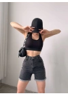 Duble Paça Yıkamalı Denim Şort