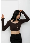 Düğmeli Mini Crop Bady Kahve - P-020494
