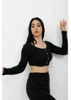 Düğmeli Mini Crop Bady Siyah - P-020494