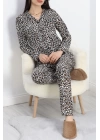 Düğmeli Süet Pijama Takımı Leopar - 50039.1857.