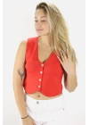 Düz Triko Crop Yelek Bluz Kırmızı - 1468.100