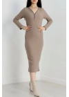 Fermuar detaylı fitilli şardonlu elbise bej a3178