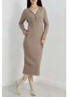Fermuar detaylı fitilli şardonlu elbise bej a3178