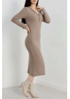 Fermuar detaylı fitilli şardonlu elbise bej a3178