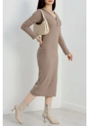 Fermuar detaylı fitilli şardonlu elbise bej a3178