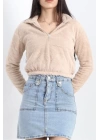 Fermuarlı Crop Peluş Sweat Bej - 9060.1153.