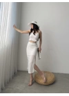 Fırfır Detaylı Crop Bluz Ve Etek Triko İkili Takım