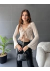 Fırfır Detaylı Önü Bağlamalı Crop Bluz
