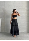 Fırfırlı brodeli astarlı uzun etek siyah s255047