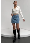 Gömlek Yaka Beli Bağlamalı Crop Bluz