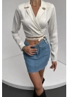 Gömlek Yaka Beli Bağlamalı Crop Bluz