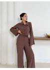 Gömlek yaka kaplama düğmeli takım kahve st265866