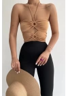 Halka Tokalı Cut Out Top Bluz Camel - 1514.9135.