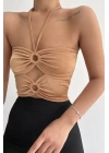 Halka Tokalı Cut Out Top Bluz Camel - 1514.9135.