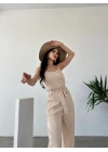 İp Askılı Kuşaklı Krinkle Tulum