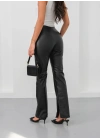 İspanyol yırtmaçlı paça deri pantolon siyah hn