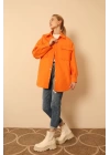 Jakar Kumaş Geometrik Desen Oversize Kadın Gömlek-Oranj