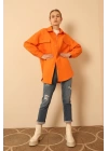 Jakar Kumaş Geometrik Desen Oversize Kadın Gömlek-Oranj
